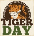 Eroded Stamp with Precepts and Cute Feline for Tiger Day, Vector Illustration