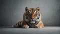 large striped feline predator, a tiger lies on the concrete floor and looks ahead Royalty Free Stock Photo