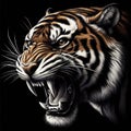 Tiger action face is angry and shows its fangs on a black background. ai generative