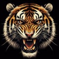 Tiger action face is angry and shows its fangs on a black background. ai generative