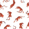 Tiger animal pattern. Seamless background with repeating print. Endless texture design with tropical wild big cats in