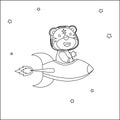 Tiger astronaut play with his rocket. animal in outer space. Vector hand-drawn coloring children`s illustration. Creative vector