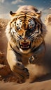 Tiger Attacking with Open Mouth in Sandstorm. Generative ai