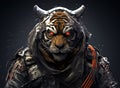 Tiger in aviator suit with horns and leather jacket on dark background