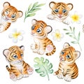 Tiger baby seamless pattern with tropical plants, toy, tiger cub watercolor isolated on white background. Animal. Watercolor Royalty Free Stock Photo