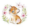 Tiger baby, toy, tiger cub watercolor isolated on white background in tropical leaves, plants in flowers frame. Animal. Watercolor Royalty Free Stock Photo