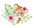 Tiger baby, toy, tiger cub watercolor in tropical leaves isolated on white background Royalty Free Stock Photo