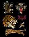 Tiger, bee, butterfly, eagle, leopard and panther embroidery patches for textile design.