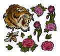 Tiger, bee and peony flowers embroidery patches elements for textile design.