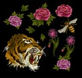 Tiger, bee and peony flowers embroidery patches elements for textile design.