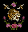 Tiger, bee and peony flowers embroidery patches for textile design