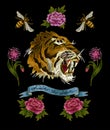 Tiger, bee and peony flowers embroidery patches for textile design