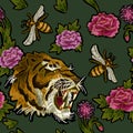 Tiger, bee and peony flowers embroidery pattern for textile design.