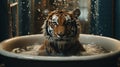 Surrealist Photography: Tiger In A Big Tub With Long Sleeve Shirt