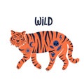 Tiger with boho tatoos and wild word. Hand drawn vector illustration