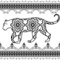 Tiger with border elements in ethnic mehndi style. Vector illustration isolated on white background