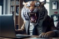 A tiger boss with a growl in his office suit sits at his desk and works on his office computer.