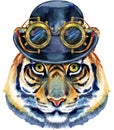 Tiger in a bowler hat and steampunk goggles. Watercolor illustration with splashes isolated on white background.