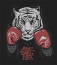 Tiger in boxing gloves and lettering print design for t-shirt