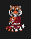 Tiger - Buddha - a monk in sunglasses. Buddhist in a burgundy robe. A tiger in a lotus position soars above the ground