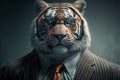 Tiger business portrait dressed as a manager or ceo in a formal office business suit with glasses and tie. Ai generated