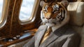 A tiger in a business suit sitting in a luxury private jet interior Royalty Free Stock Photo