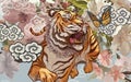 Tiger and butterfly amid cherry blossom illustration