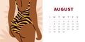 Tiger calendar design concept 2022. Dark female body in striped tiger august. Horizontal page template for september