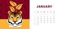 Tiger calendar design concept 2022. Tiger head plant pot. Horizontal page template for January. Chinese symbol of the