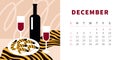 Tiger calendar design concept 2022. Horizontal page template for december. Wine and shrimps, festive dinner. Still life
