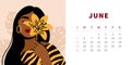 Tiger calendar design concept 2022. Woman with tiger lily, exotic flower. Horizontal page template for June. Chinese
