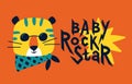 Tiger card. Baby Rock Star. Vector cartoon character. Illustration on a red background for children in the style of Royalty Free Stock Photo