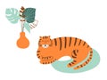 Tiger cartoon character. Wild cat, safari animal stay at home. Cute tiger lies, naive art wild animal isolated