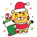 Tiger cartoon vector wear cute Santa hat with Christmas sock. Happy Chinese new year greeting card 2022