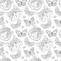 Tiger, cat, butterfly and bees. Seamless pattern, background. Royalty Free Stock Photo