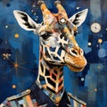 Colorful Collage: Blue Giraffe In Military Dress - Illusory Wallpaper Portraits