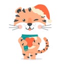 Tiger in Christmas hat with heart in paws EPS