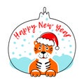 Tiger and Christmas tree toy. Cute stylized tiger wearing a Santa Claus hat. Royalty Free Stock Photo