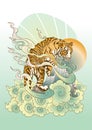 Tiger Climbing on hill and cloud design with Chinese or Japanese painting illustration oriental style with green pastel color