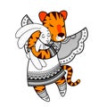 Lovely tiger with wings in beautiful clothes with a plush rabbit in the paws.