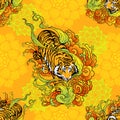 Tiger and cloud design with Japanese or Chinese oriental traditional tattoo style seamless pattern Royalty Free Stock Photo