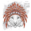 Tiger in the colored Indian roach. Indian feather headdress of eagle. Hand draw vector illustration Royalty Free Stock Photo