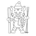 a tiger cub in a New Year\'s hat stands with skis, line, sketch