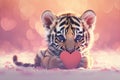 Tiger cub presents heart shaped gift against magical Valentines backdrop