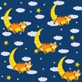 Tiger cub sleeping on the moon, pattrern, color vector illustration Royalty Free Stock Photo