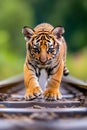 A small tiger walking across a train track Royalty Free Stock Photo