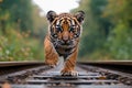 A small tiger cub running on a train track Royalty Free Stock Photo