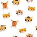 Tiger cubs muzzles seamless pattern. Colorful background with funny animal faces. Perfect for printing on fabric, clothing,