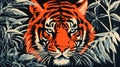 Soviet Nonconformist Art: Orange Tiger Face In Jungle Lino Print