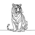 A tiger is depicted resting on the ground in a straightforward yet lifelike drawing.